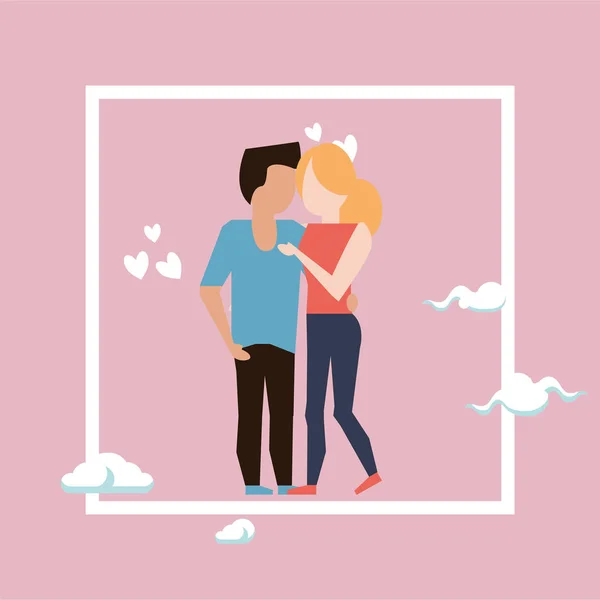 Amoureux mignons couples personnages avec des nuages — Image vectorielle