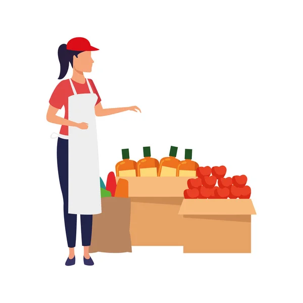 Supermarket žena pracovník vedle krabic s potravinami, barevný design — Stockový vektor