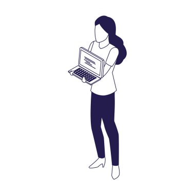 avatar kadın dizüstü bilgisayar simgesi tutuyor, düz dizayn