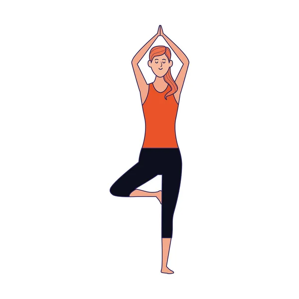 Mujer de dibujos animados haciendo yoga árbol pose icono, diseño plano — Vector de stock