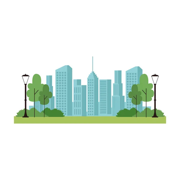 Parque con luces de calle y edificios urbanos paisaje, diseño colorido — Vector de stock