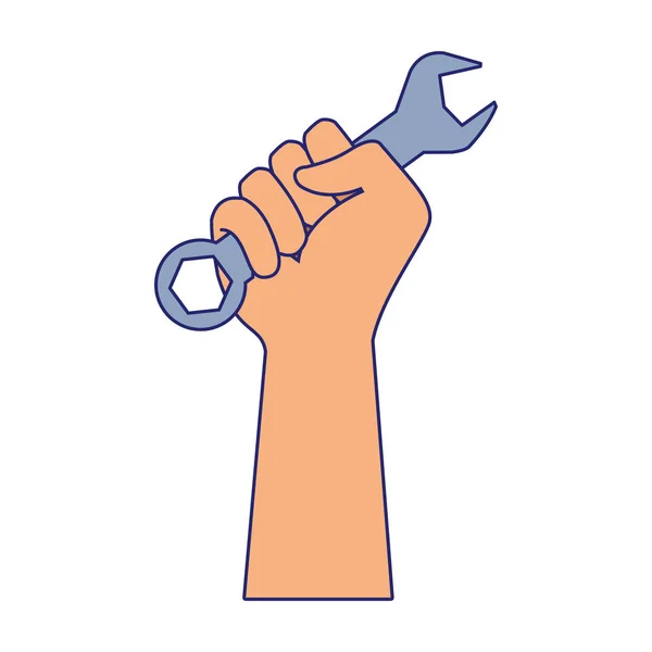 Mão para cima segurando uma chave inglesa, design plano —  Vetores de Stock