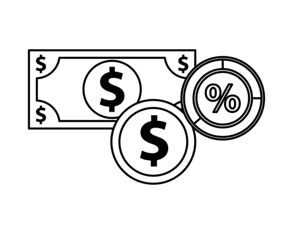 Biljet en munt geld dollars en procent symbool — Stockvector