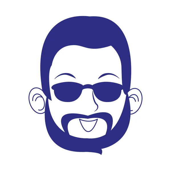 Καρτούν άνθρωπος με γενειάδα και γυαλιά ηλίου πάνω από λευκό φόντο, μπλε σχέδιο — Διανυσματικό Αρχείο