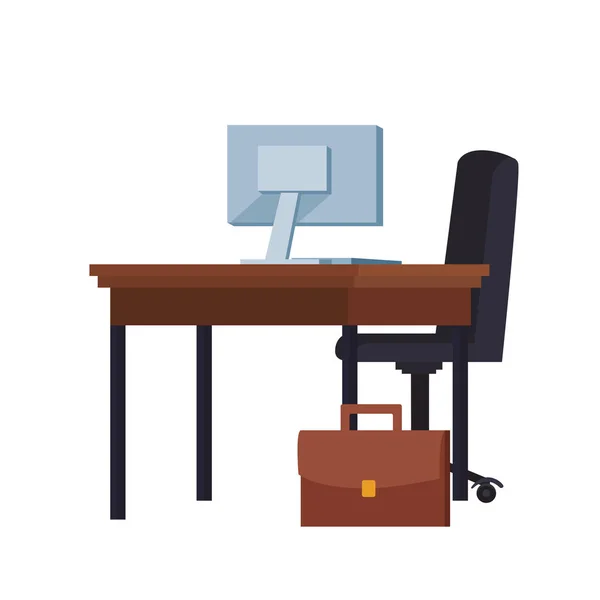 Καρέκλα γραφείου και γραφείο με υπολογιστή και χαρτοφύλακα, πολύχρωμο σχεδιασμό — Διανυσματικό Αρχείο