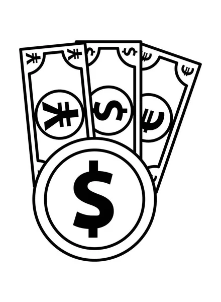 Dollar avec billets en euros et yens — Image vectorielle