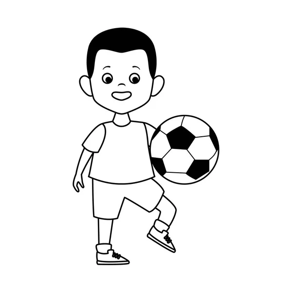 Muchacho de dibujos animados jugando con pelota de fútbol — Vector de stock