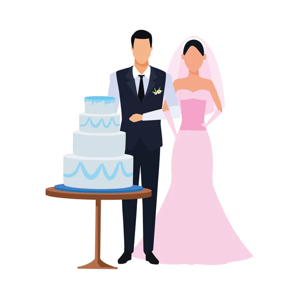 Avatar vőlegény és menyasszony körül az esküvői torta, lapos design — Stock Vector