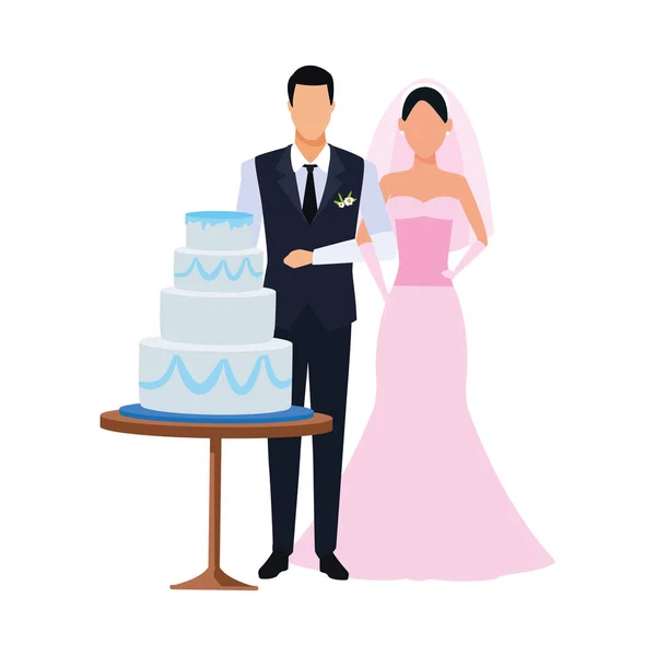 Avatar marié et mariée autour du gâteau de mariage, design plat — Image vectorielle