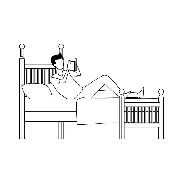 Человек, читающий книгу, лежа в постели — стоковый вектор