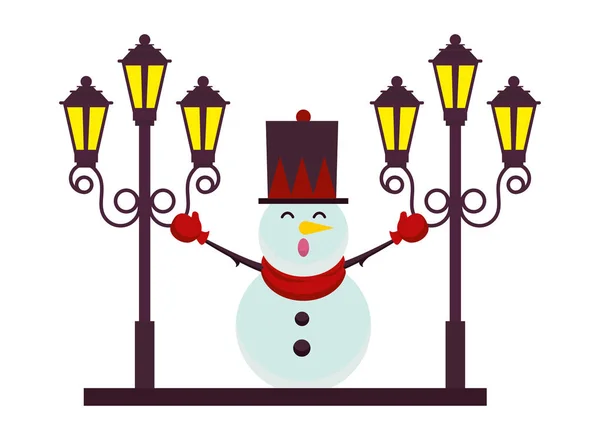 Bonhomme de neige de Noël avec des lampes de rue caractère — Image vectorielle