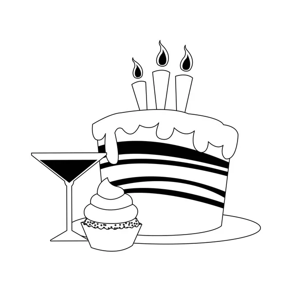 Cupcake e cocktail con torta di compleanno con icona di candele, design piatto — Vettoriale Stock