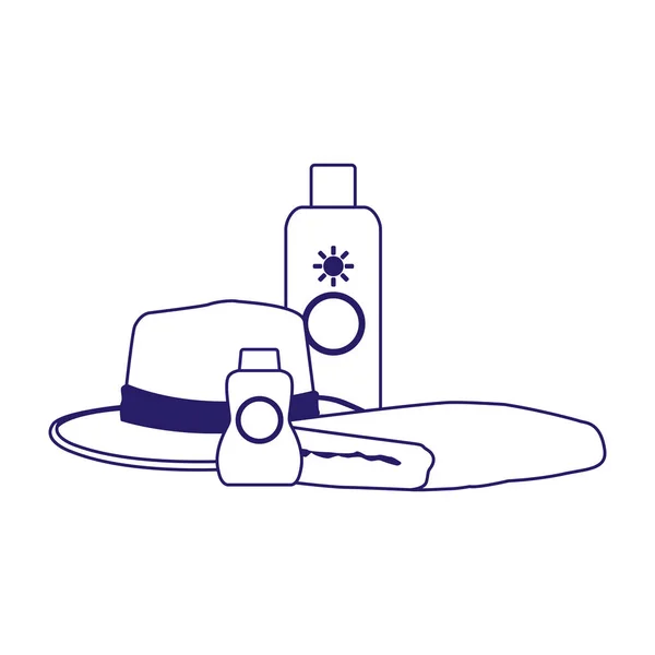 Sonnencreme-Flaschen mit Strandhut und Handtuch-Symbol, flaches Design — Stockvektor