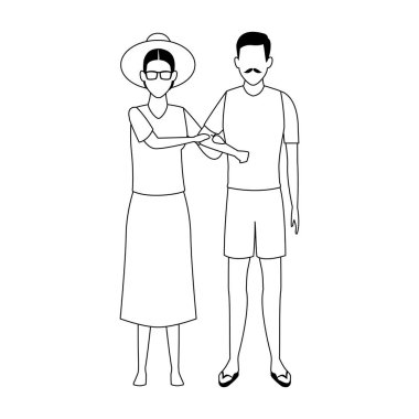 Plaj kıyafetleri giyen yaşlı bir çift, düz dizayn.