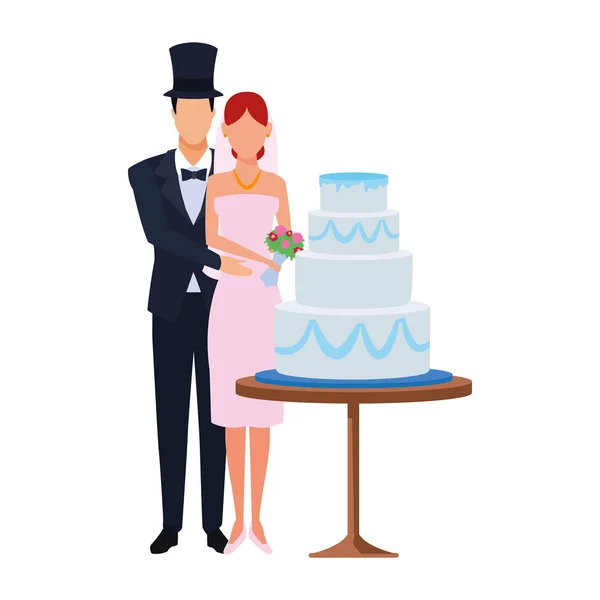 結婚式のケーキのアイコンの周りに立つ夫婦フラットデザイン — ストックベクタ