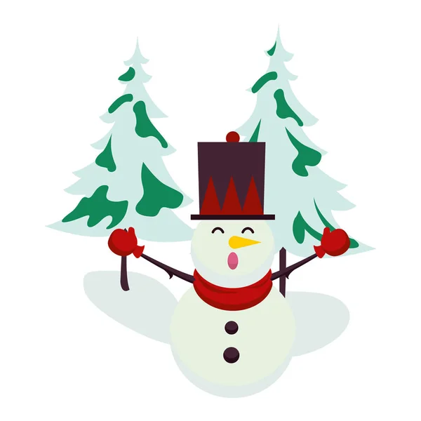 Çam ağaçlı Noel Kardan Adam karakteri — Stok Vektör
