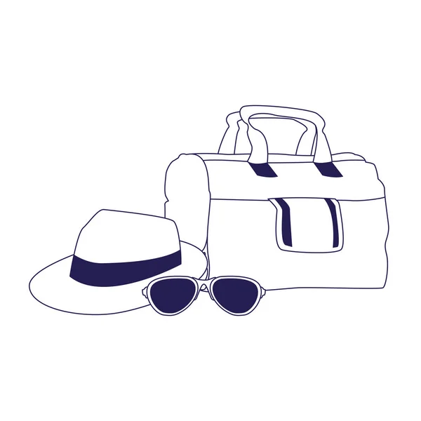 Torba podróżna z ikoną kapelusza i okularów przeciwsłonecznych — Wektor stockowy