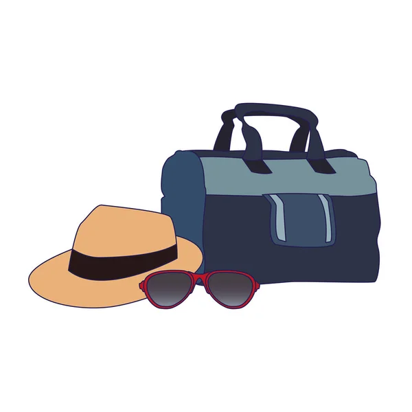 Torba podróżna z ikoną kapelusza i okularów przeciwsłonecznych — Wektor stockowy