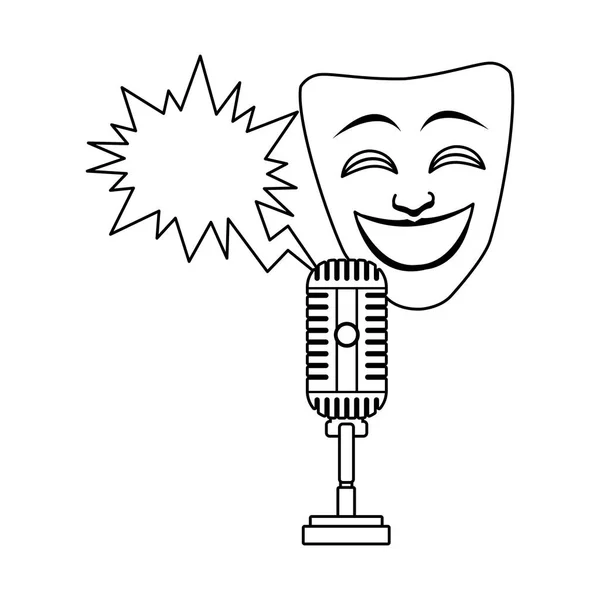 Máscara de teatro de comedia con icono de micrófono retro, diseño plano — Vector de stock