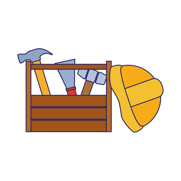 Caixa de madeira com ferramentas e capacete de construção —  Vetores de Stock