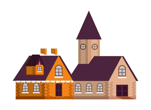 Maison et église avec neige saison d'hiver — Image vectorielle