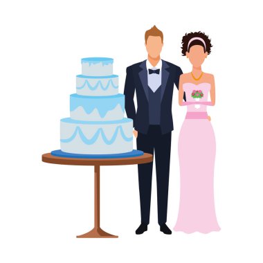 gelin ve damat ve düğün pastası, düz tasarım