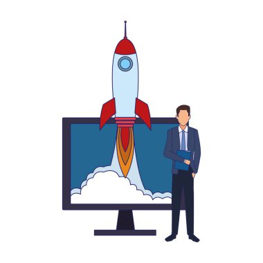 businessman and computer with rocket icon
