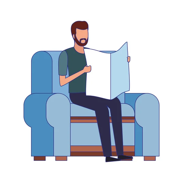 Férfi olvas egy újságot ül a kanapén ikon — Stock Vector