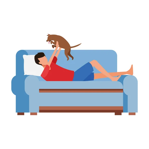 Homme avec un chat couché sur le canapé, design coloré — Image vectorielle