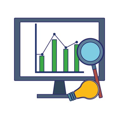 Grafik grafikli bilgisayar ve büyüteç, renkli tasarım