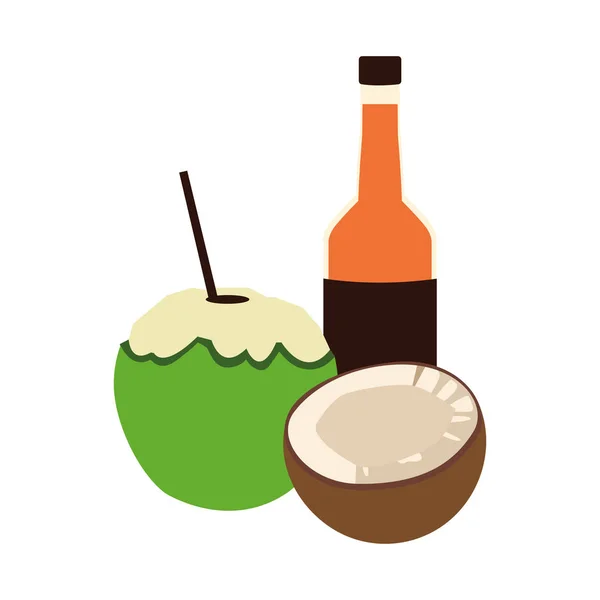 Botella de cerveza y coco bebida icono, diseño plano — Vector de stock