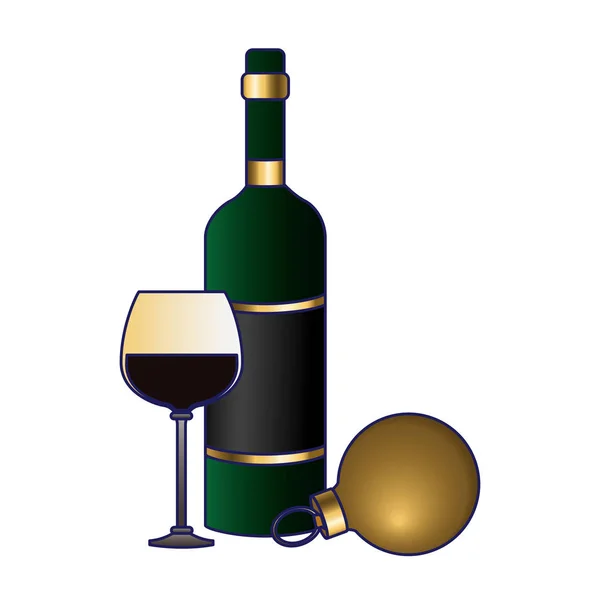 Wine bottle and glass with christmas ball icon, flat design — Stock Vector