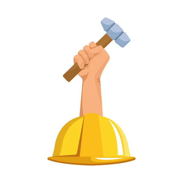 Casco de seguridad y la mano sosteniendo un martillo — Vector de stock