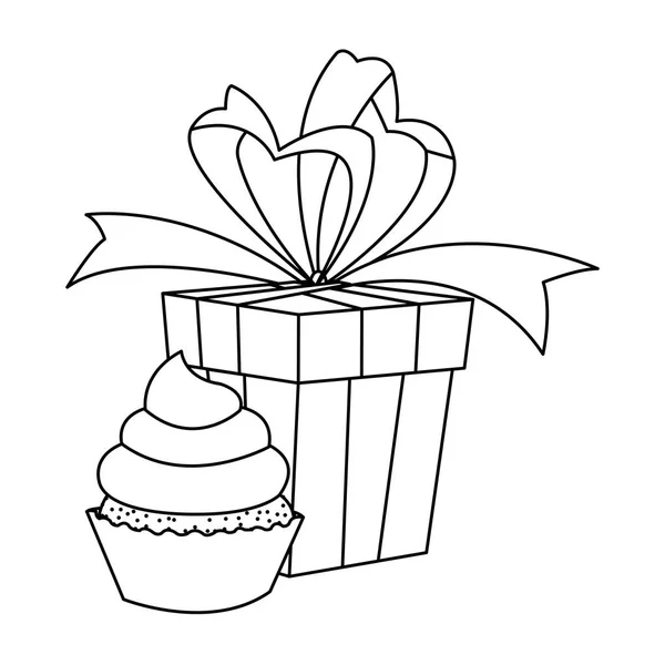 Süße Cupcake und Geschenk-Box-Symbol, flaches Design — Stockvektor