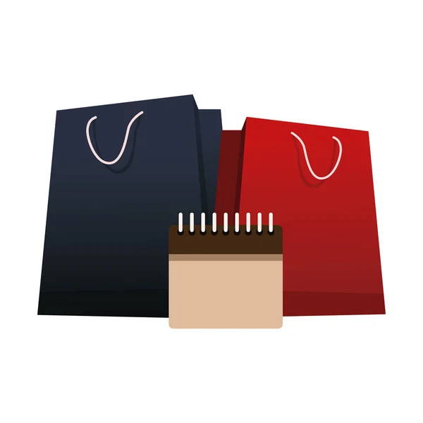 Bolsas de compras y el icono del calendario en blanco, diseño colorido — Vector de stock