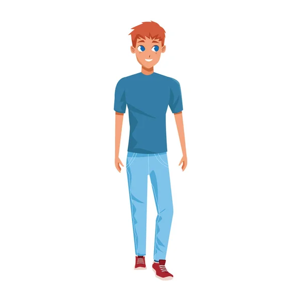 Мультипликатор стоит и носит джинсы и синюю футболку — стоковый вектор