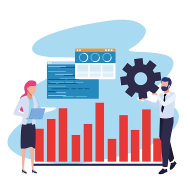 Grafik çizelgesi ve dişli tekerleği olan avatar işadamı ve iş kadını