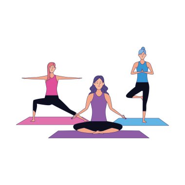 Yoga ikonu uygulayan genç kadınlar, renkli masalar.