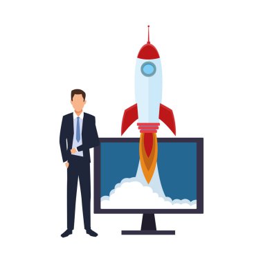 avatar işadamı roket simgesiyle ayakta duruyor ve bilgisayar