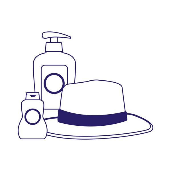Hat and sun bronzer bottle icon, flat design — 스톡 벡터