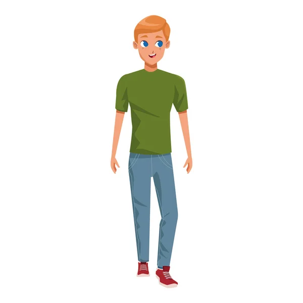 Mann steht und trägt Jeans und grünes T-Shirt — Stockvektor
