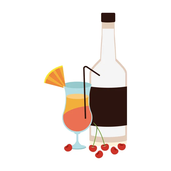 Liquor bottle and sunrise cocktail icon, flat design — Stock Vector