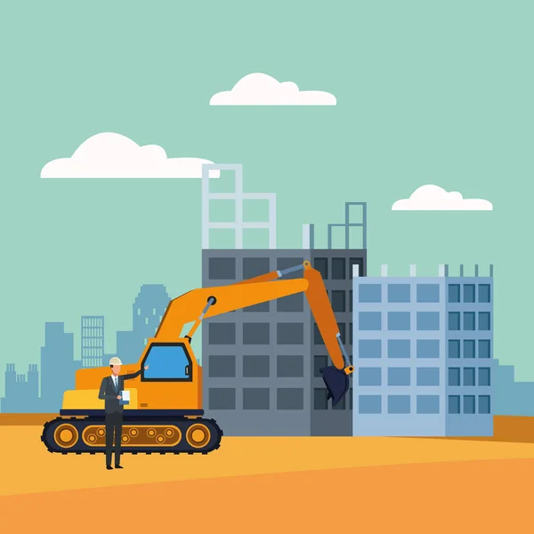 Excavadora e ingeniero en el paisaje de construcción — Vector de stock