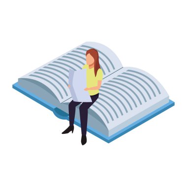 Gazete okuyan bir kadın kitap üzerinde oturuyor.