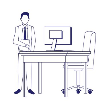 Ofis koltuğu ve masanın yanında duran iş adamı, düz tasarım.