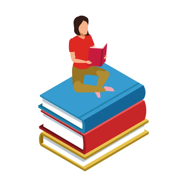 Frau liest Buch sitzend auf Bücherstapel — Stockvektor