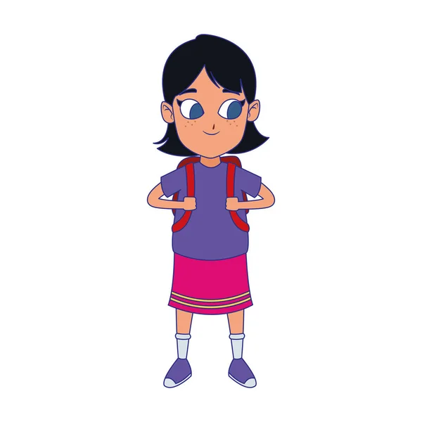 Linda chica con el icono de la mochila de la escuela, diseño colorido — Vector de stock