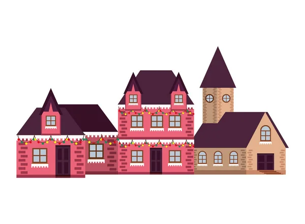 Casa e iglesia con nieve temporada de invierno — Vector de stock