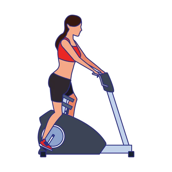 Avatar woman on gym machine icon — 스톡 벡터