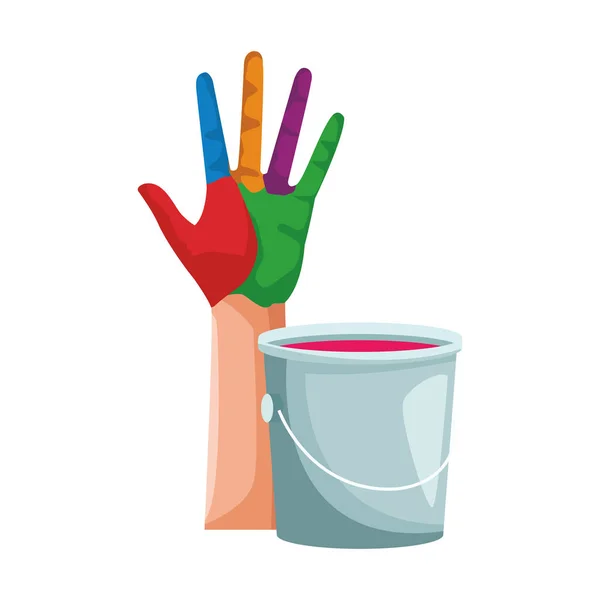 Mão colorida com ícone de balde de pintura, design plano — Vetor de Stock